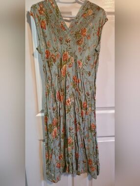 Vintage April Cornell Dress Soft Green Floral with Coral and Green Accents